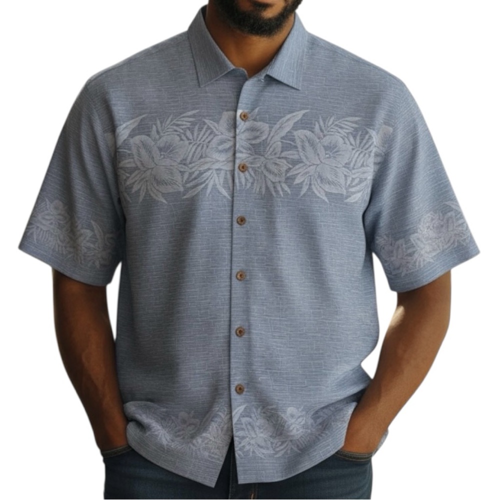 Tommy Bahama NWT 100% Silk Camp Shirt Blue Hibiscus Polo Buttoned Chambray Top M